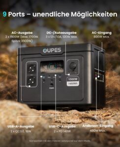 OUPES Exodus 1500 Tragbare Powerstation 1500W, 1488Wh Solargenerator mit 2 Steckdose (Boost 1700W, 3600W Spitze), Schnellladung, USV-Funktion Akku Generator für Camping, Wohnmobil, Reise – Bild 4