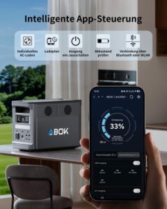 ABOK Ark2000 Tragbare Powerstation 1536Wh LiFePO4, gratis Asp45 45W Solarpanel, erweiterbar auf 4,6kWh, 1,3h 0–100% Schnellladung, 2000W AC Solargenerator mit UPS & App-Steuerung – Bild 3