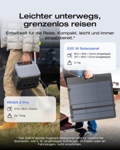 EF ECOFLOW RIVER 2 Pro Powerstation, 768 Wh LiFePO4 Batterie Solar generator mit 220 W Solar panel, 3x 300 W AC-Steckdosen (Spitze 1600 W), tragbare Powerstation für Camping, im Freien – Bild 7